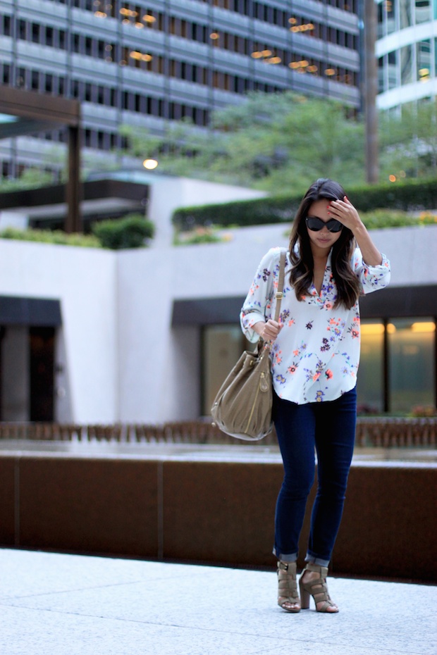 nastygal spring blouse, floral blouse, prada cat eye sunglasses, bucket bag, dolce vita niro sandals