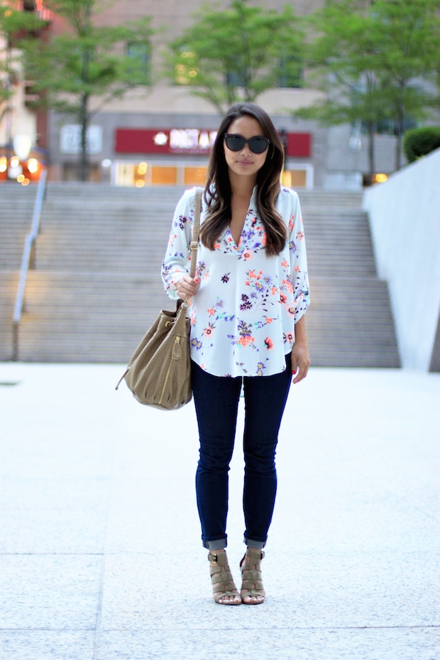 nastygal spring blouse, floral blouse, prada cat eye sunglasses, bucket bag, dolce vita niro sandals