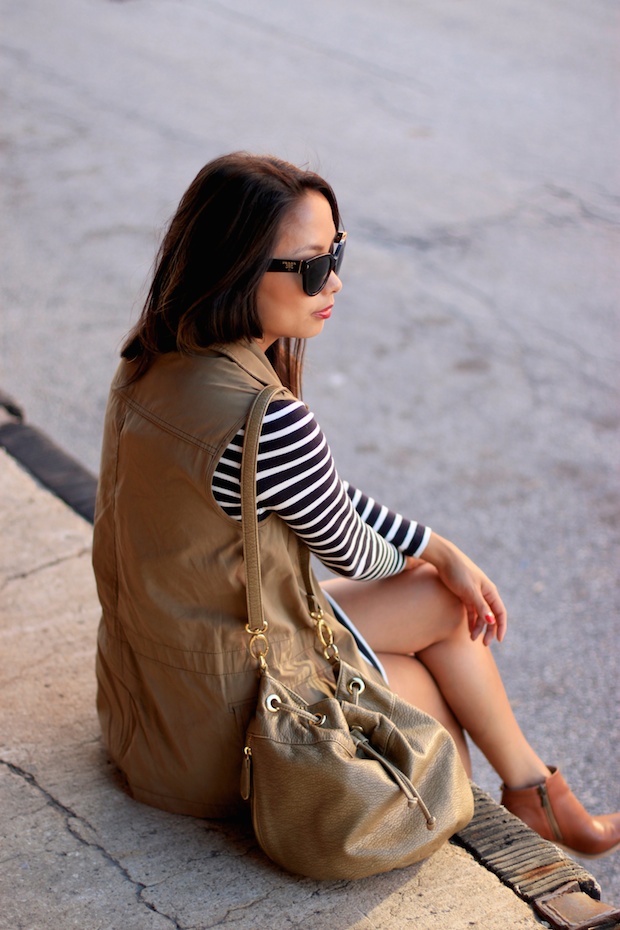 french connection striped dress, cognac booties, utility vest, prada cat eye sunglasses