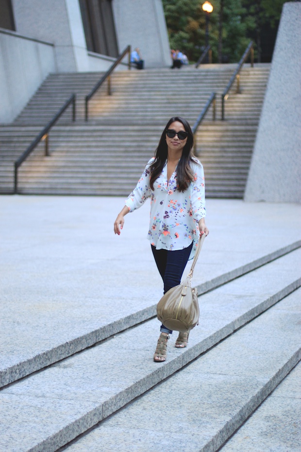 nastygal spring blouse, floral blouse, prada cat eye sunglasses, bucket bag, dolce vita niro sandals