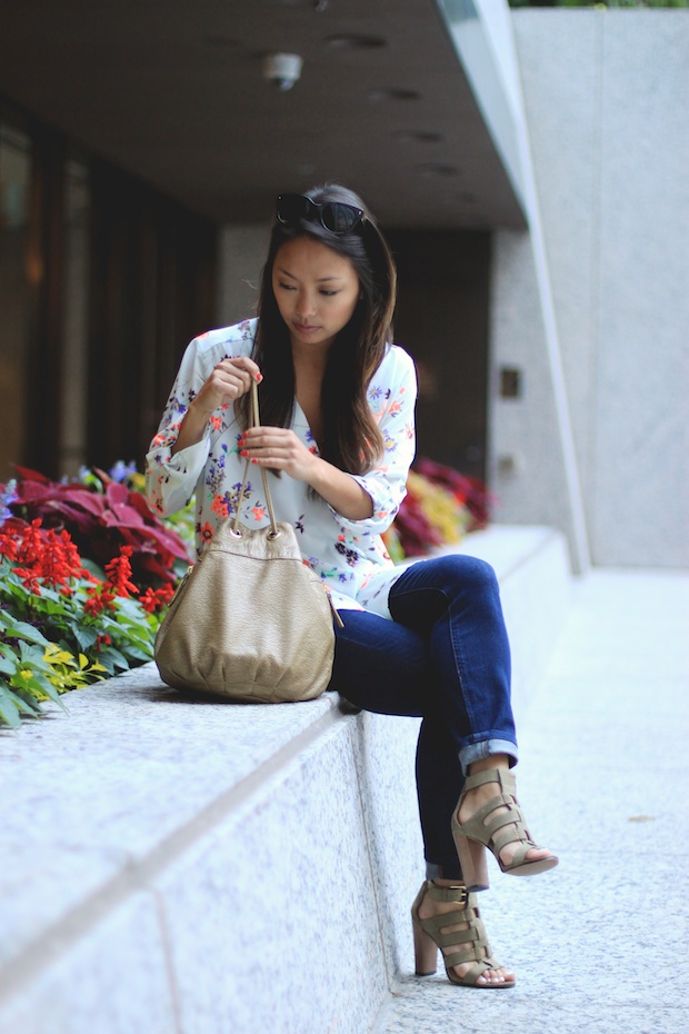 nastygal spring blouse, floral blouse, prada cat eye sunglasses, bucket bag, dolce vita niro sandals