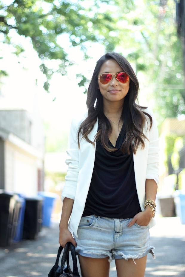 topshop white blazer, cutoffs, cutoff shorts, free people