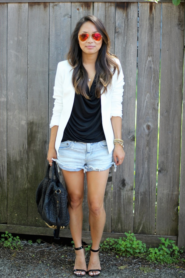 topshop white blazer, cutoffs, cutoff shorts, free people