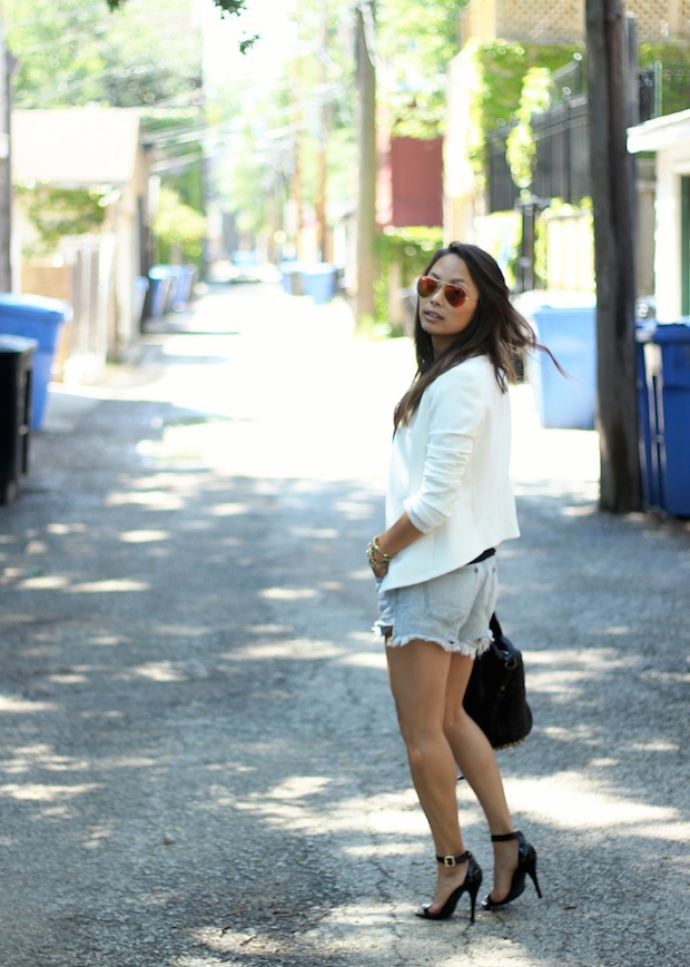 topshop white blazer, cutoffs, cutoff shorts, free people