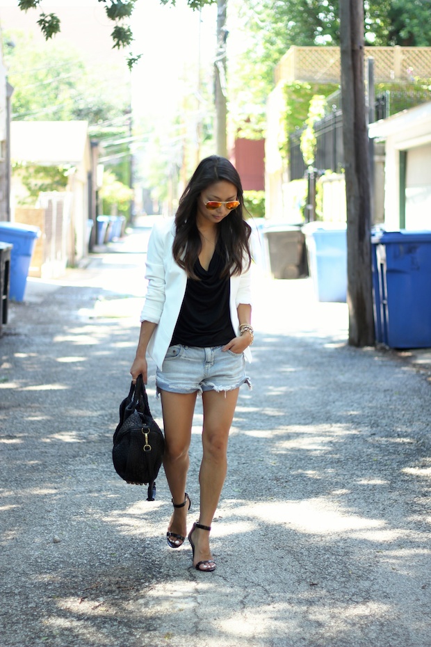 topshop white blazer, cutoffs, cutoff shorts, free people