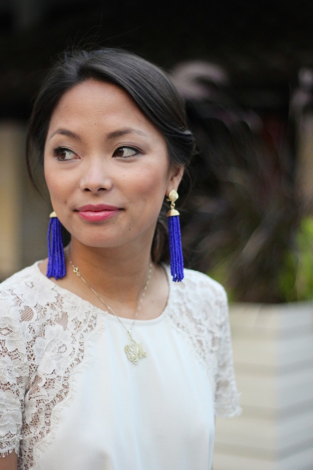 bcbg lace romper, bcbg tassel earrings, westfield old orchard, sip and shop