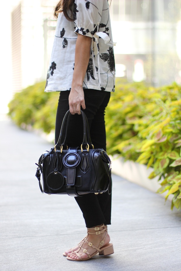 goodnight macaroon floral linen blouse, bow sleeves, mih bodycon jeans, vince camuto studded gladiator sandals