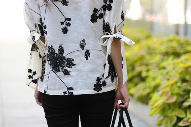 goodnight macaroon floral linen blouse, bow sleeves, mih bodycon jeans, vince camuto studded gladiator sandals