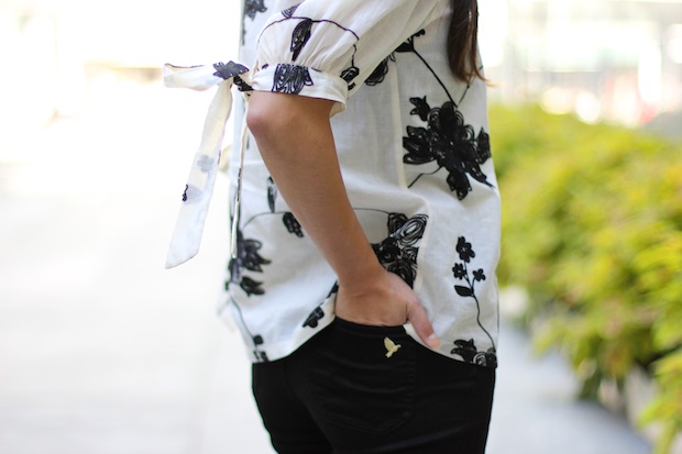 goodnight macaroon floral linen blouse, bow sleeves, mih bodycon jeans, vince camuto studded gladiator sandals