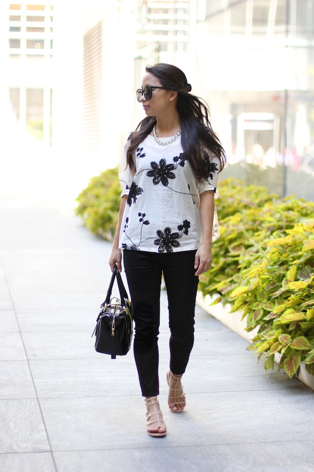 goodnight macaroon floral linen blouse, bow sleeves, mih bodycon jeans, vince camuto studded gladiator sandals