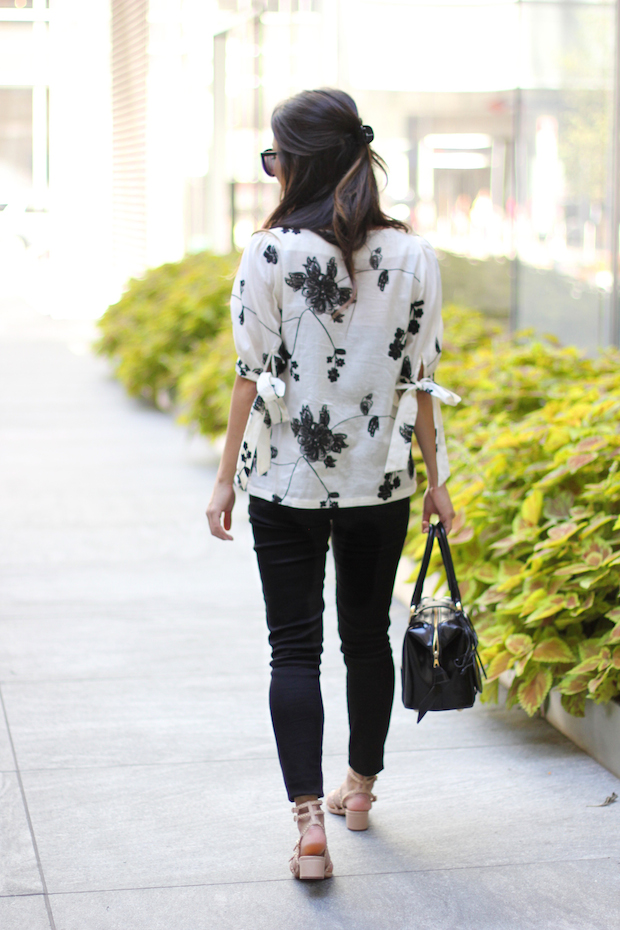 goodnight macaroon floral linen blouse, bow sleeves, mih bodycon jeans, vince camuto studded gladiator sandals