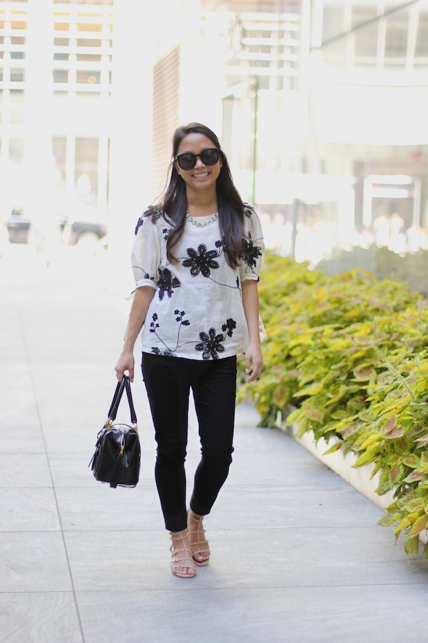 goodnight macaroon floral linen blouse, bow sleeves, mih bodycon jeans, vince camuto studded gladiator sandals