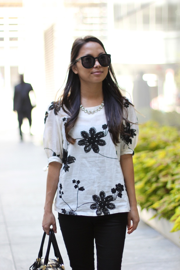 goodnight macaroon floral linen blouse, bow sleeves, mih bodycon jeans, vince camuto studded gladiator sandals