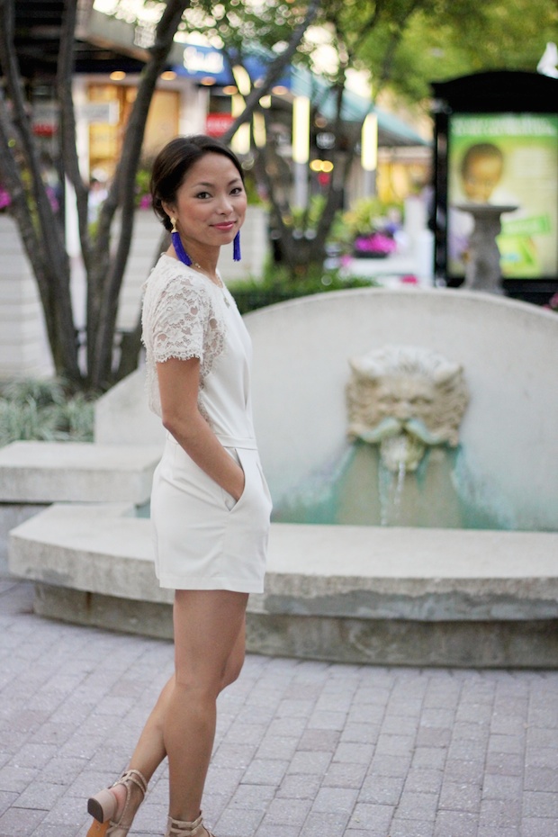 bcbg lace romper, bcbg tassel earrings, westfield old orchard, sip and shop