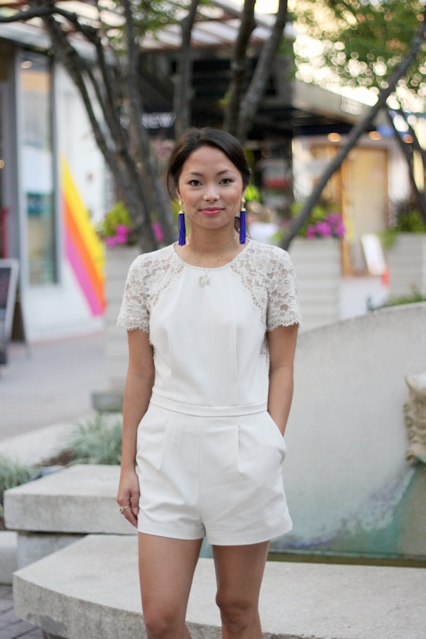 bcbg lace romper, bcbg tassel earrings, westfield old orchard, sip and shop