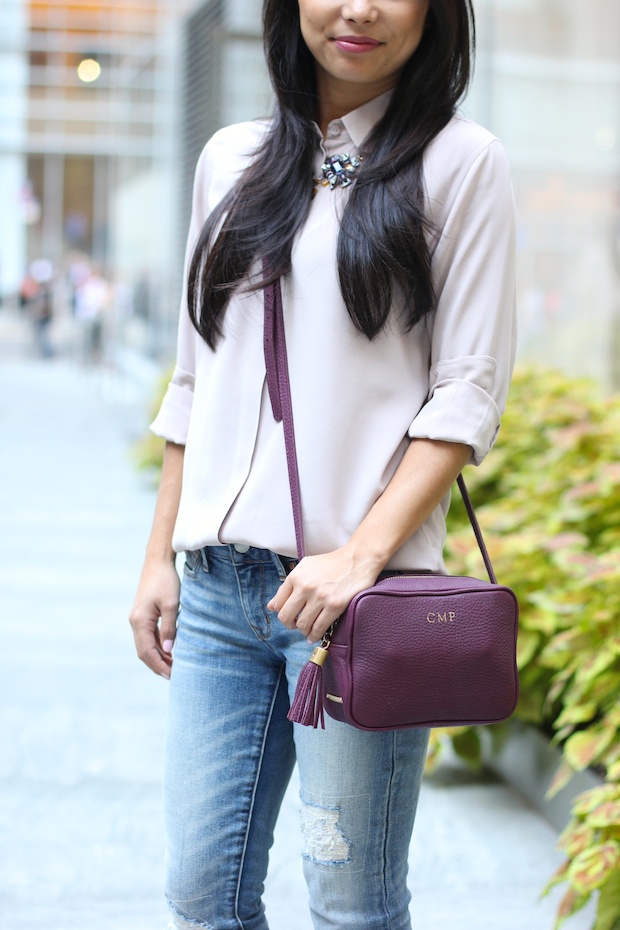 everlane silk round collar dusk, gigi new york madison crossbody, bauble bar, christine petric, the view from 5 ft. 2