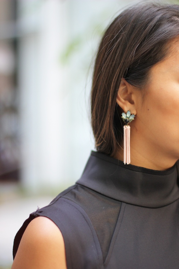 striped peplum skirt, scuba neck top, trouve, black pumps, bauble bar tassel earrings, tulip earrings