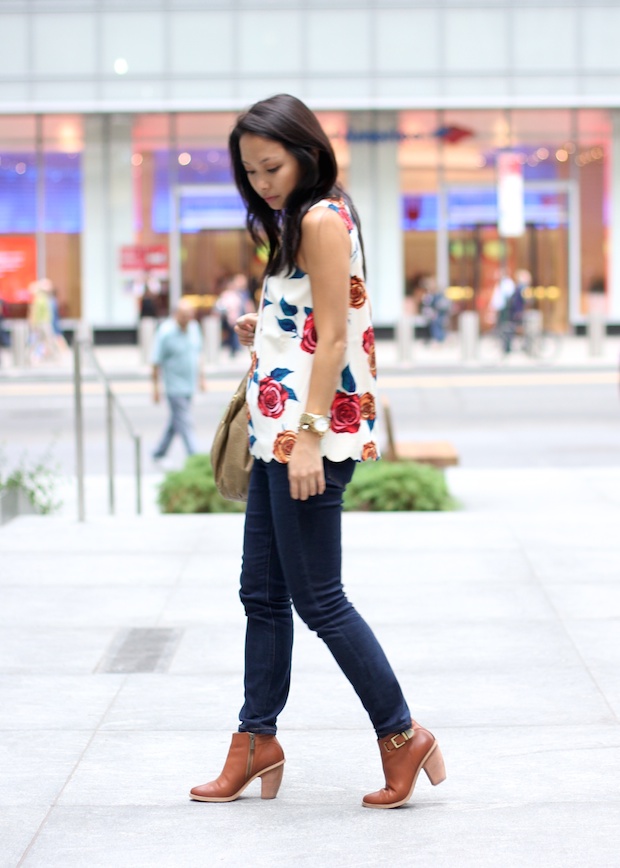 anthropologie botanica blouse, floral top anthro, fall florals, madewell jeans, cognac booties, bucket bag