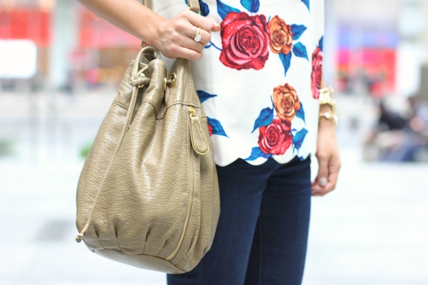 anthropologie botanica blouse, floral top anthro, fall florals, madewell jeans, cognac booties, bucket bag