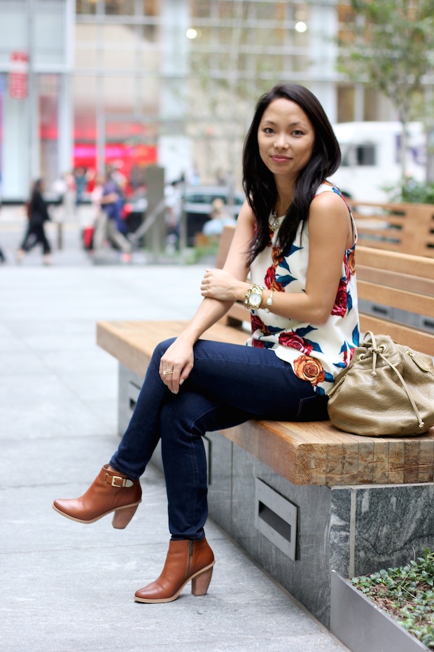 anthropologie botanica blouse, floral top anthro, fall florals, madewell jeans, cognac booties, bucket bag