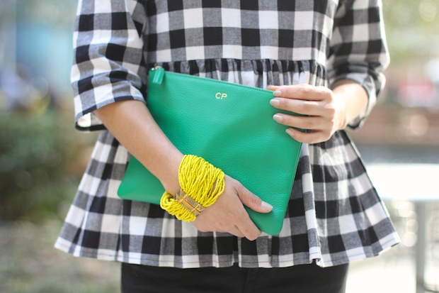 gingham top, peplum top, asos gingham, black ripped skinny jeans, leatherology clutch, the view from 5 ft. 2