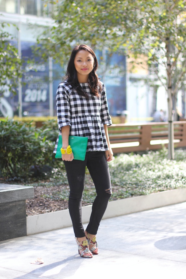 gingham top, peplum top, asos gingham, black ripped skinny jeans, christine petric, the view from 5 ft. 2