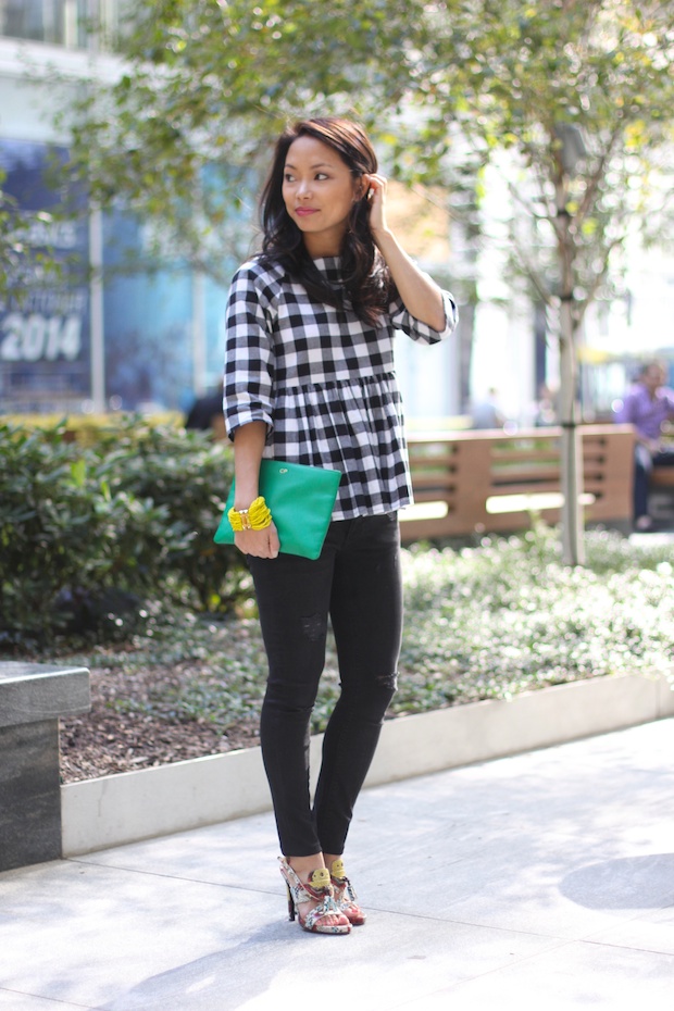 gingham top, peplum top, asos gingham, black ripped skinny jeans, christine petric, the view from 5 ft. 2