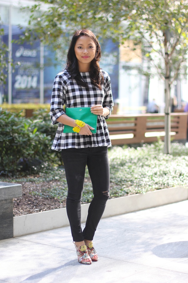 gingham top, peplum top, asos gingham, black ripped skinny jeans, christine petric, ny bloggers