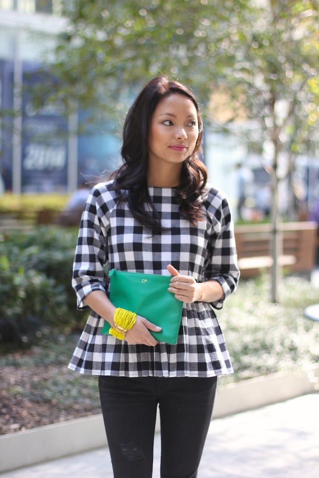 gingham top, peplum top, asos gingham, black ripped skinny jeans, the view from 5 ft. 2, christine petric