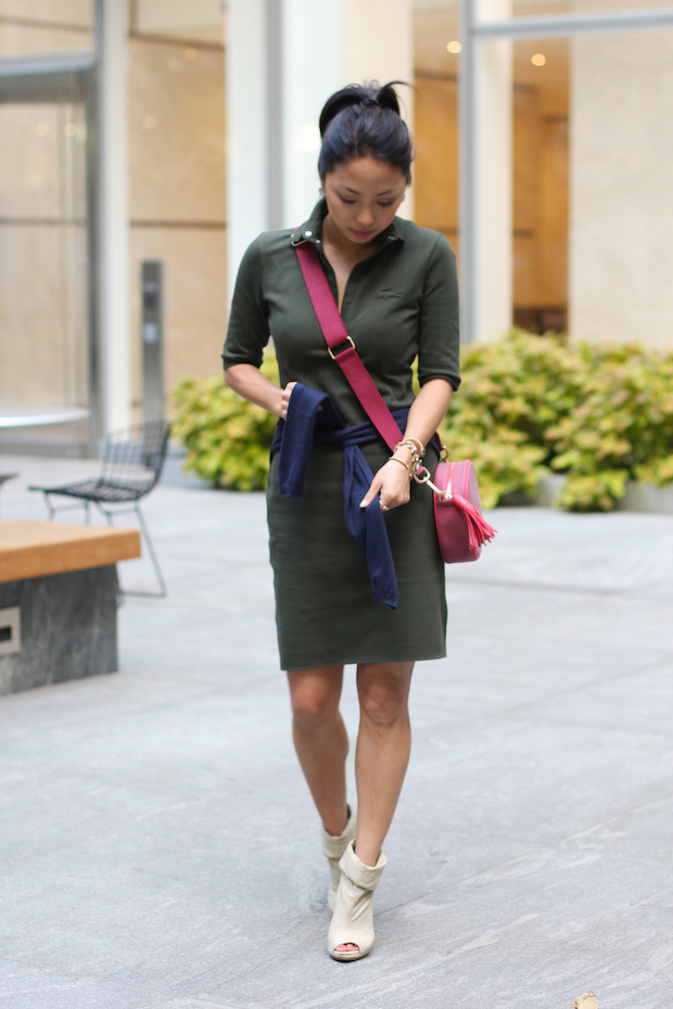 lacoste polo dress, super stretch polo, lacoste, fall style, acne booties