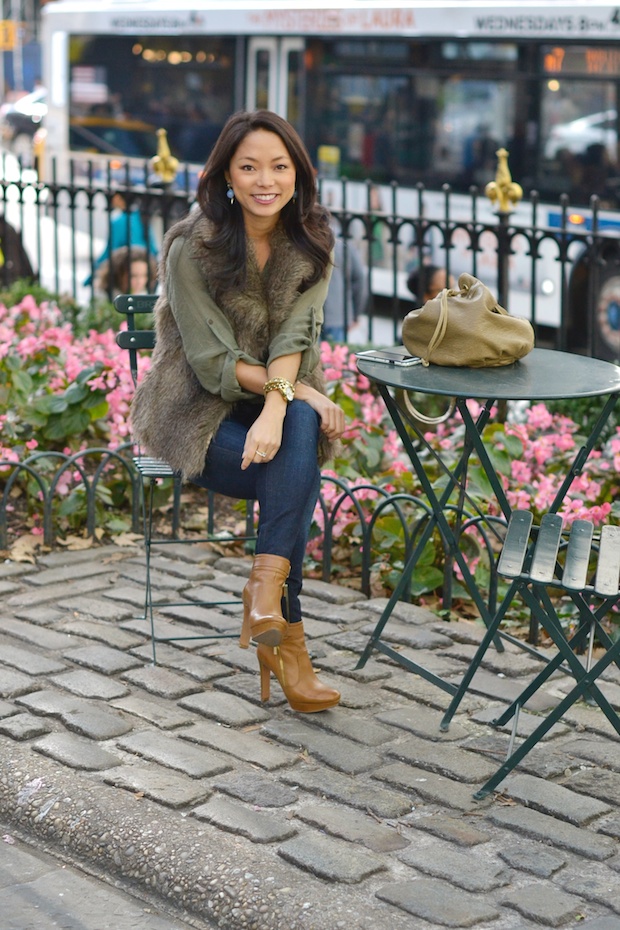 faux fur vest, vince camuto sultra booties, fall style, petite bloggers