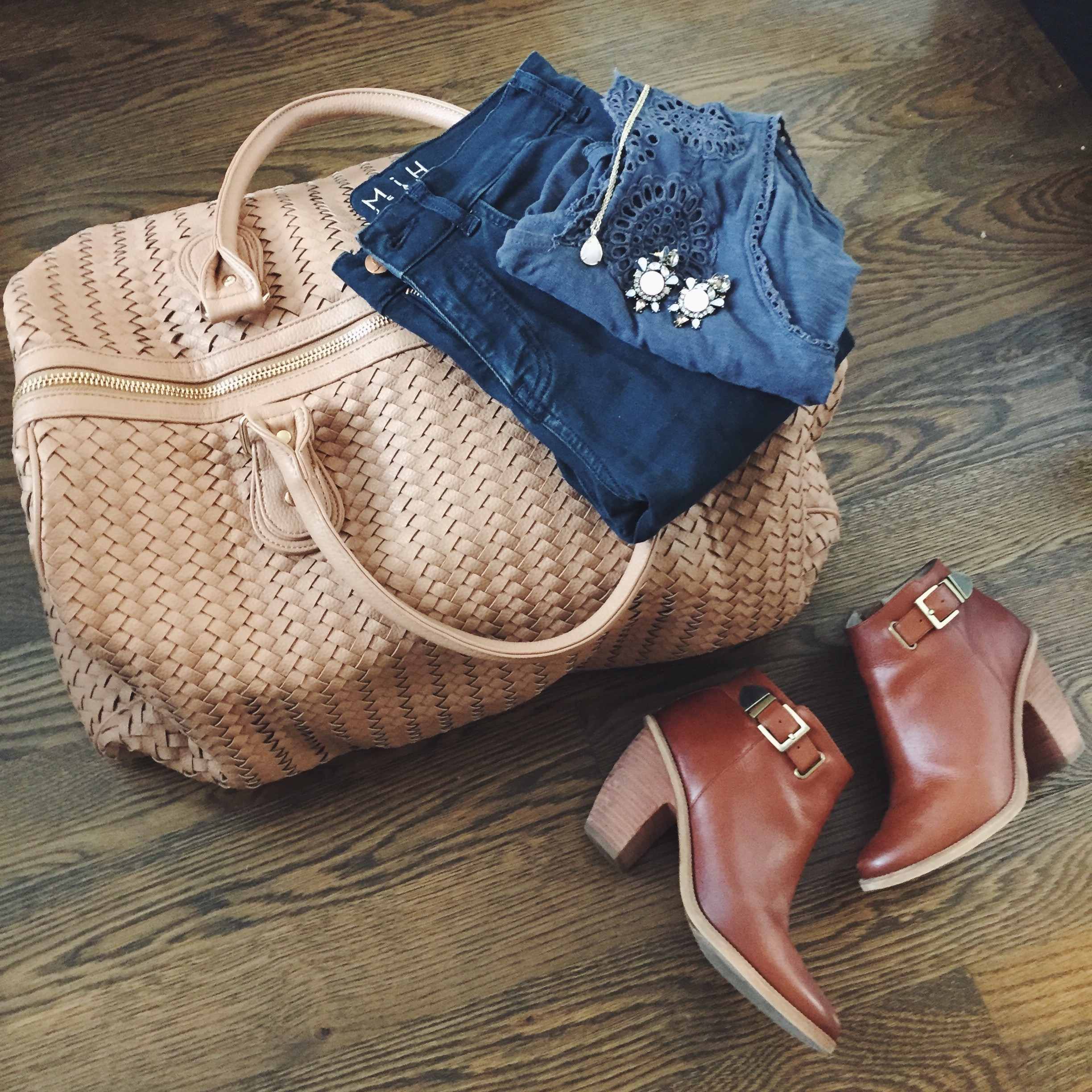 deux lux weekender bag, hinge booties, mih jeans bodycon