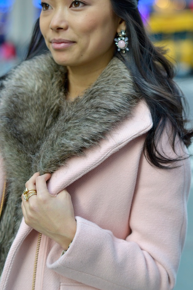 jcrew stadium cloth cocoon coat, jcrew pink coat, pink wool coat, faux fur vest, leopard heels