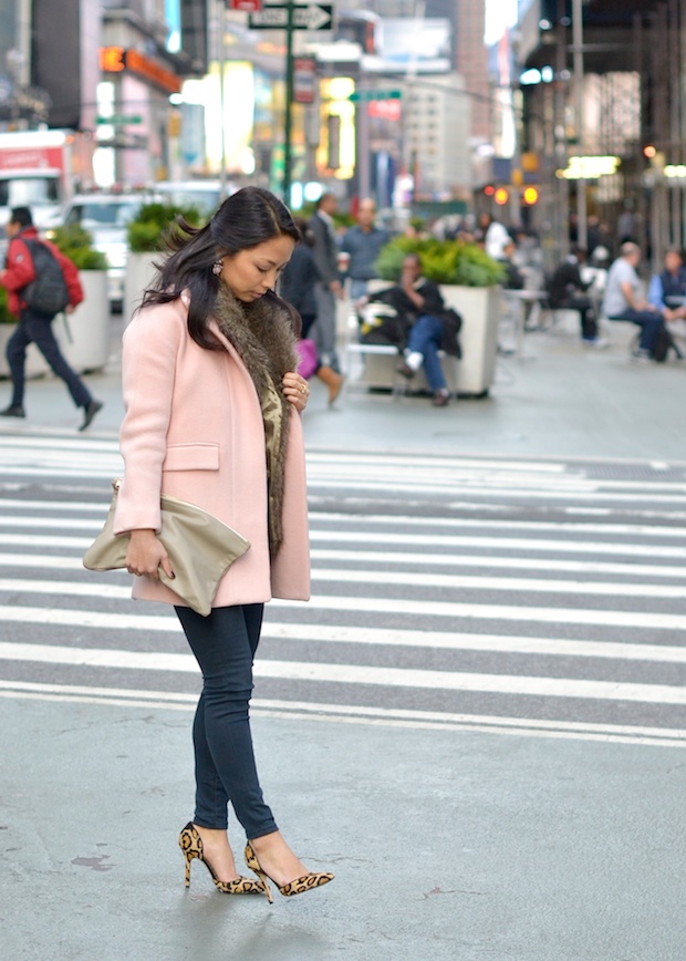 jcrew stadium cloth cocoon coat, jcrew pink coat, pink wool coat, faux fur vest, leopard heels