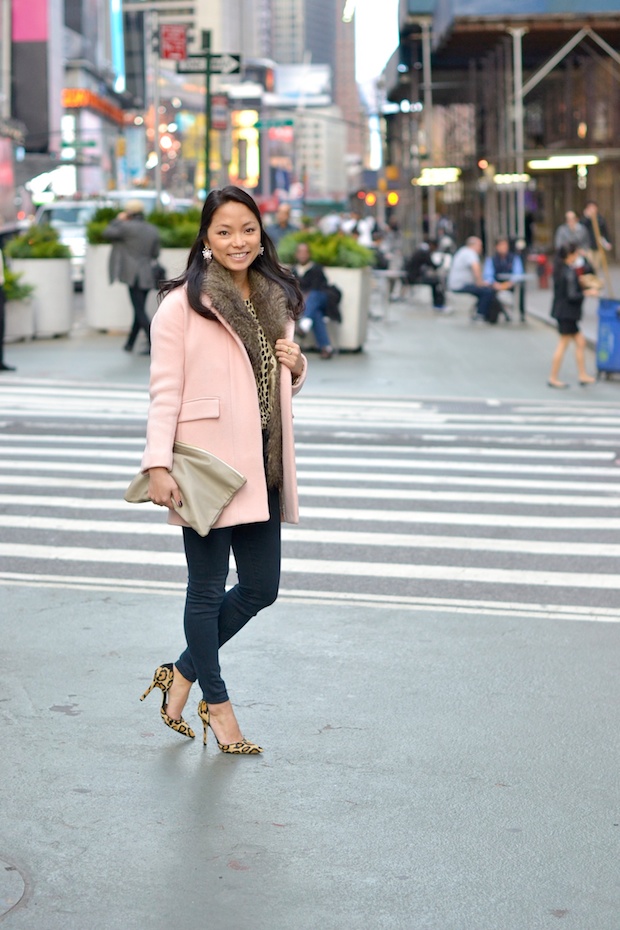 jcrew stadium cloth cocoon coat, jcrew pink coat, pink wool coat, faux fur vest, leopard heels