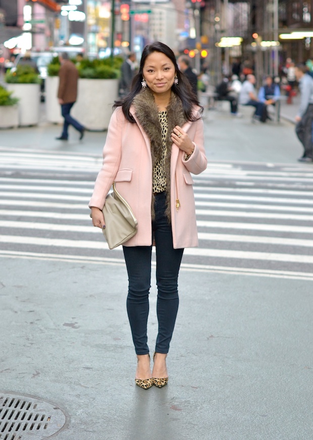 jcrew stadium cloth cocoon coat, jcrew pink coat, pink wool coat, faux fur vest, leopard heels