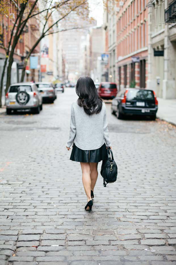 turtleneck sweater, plaid scarf, leather skirt, skater skirt, winter style, holiday style