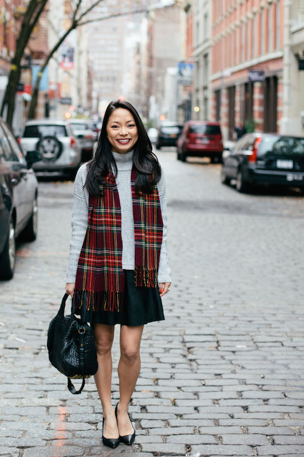 french connection sweater, plaid scarf, leather skirt, skater skirt, winter style, holiday style