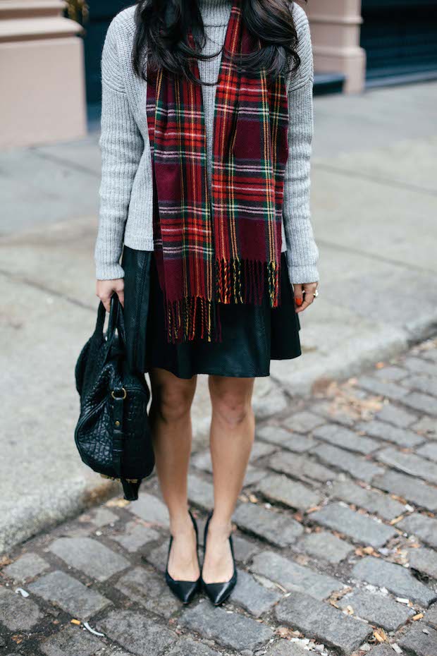 tartan, turtleneck sweater, plaid scarf, leather skirt, skater skirt, winter style, holiday style