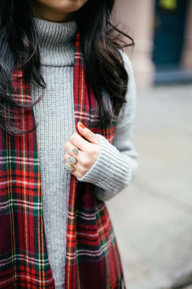 tartan, turtleneck sweater, plaid scarf, leather skirt, skater skirt, winter style, holiday style