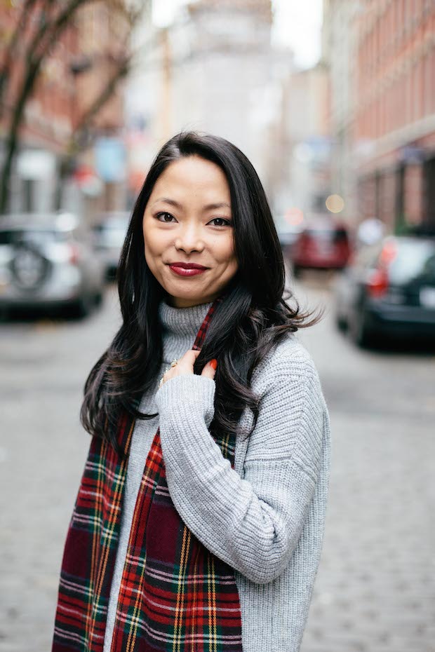 tartan, red lipstick, christine petric, plaid scarf, leather skirt, skater skirt, winter style, holiday style