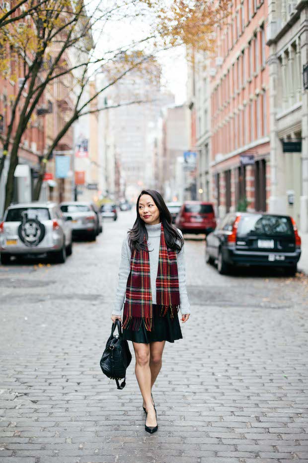 tartan, turtleneck sweater, plaid scarf, leather skirt, women's fashion, winter style, holiday style, christine petric