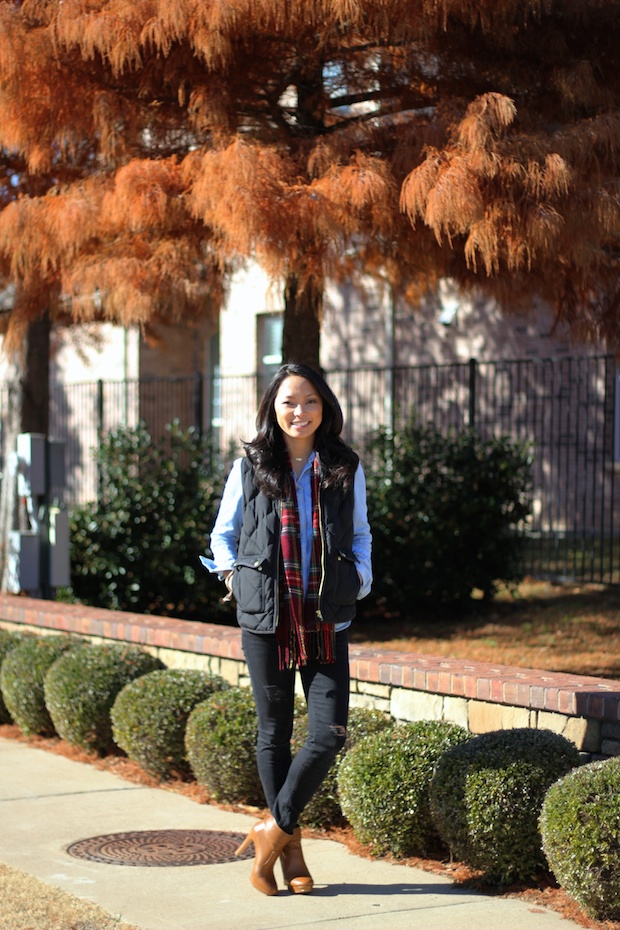 jcrew style, plaid scarf, jcrew quilted vest, chambray shirt, holiday style, casual fall style