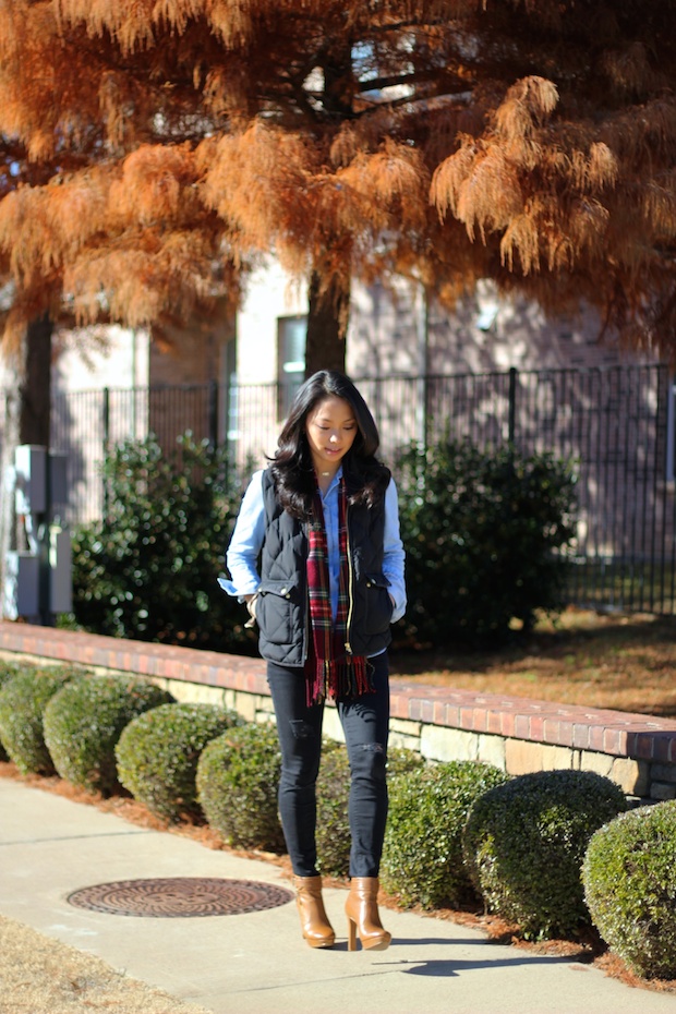 jcrew style, plaid scarf, jcrew quilted vest, chambray shirt, holiday style, casual fall style