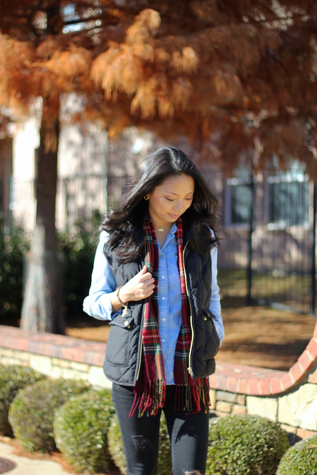 jcrew style, plaid scarf, jcrew quilted vest, chambray shirt, holiday style, casual fall style