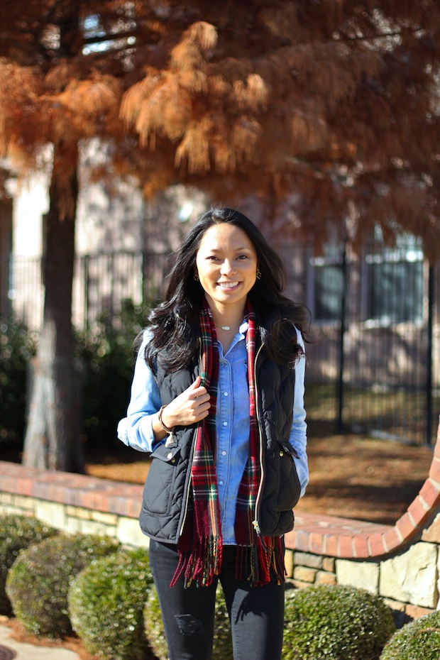 jcrew style, plaid scarf, jcrew quilted vest, chambray shirt, holiday style, casual fall style