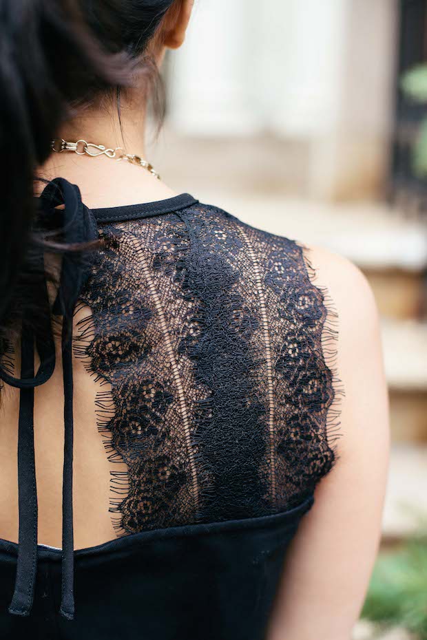 piperlime moments of chic, sabine lace top, black lace, open back