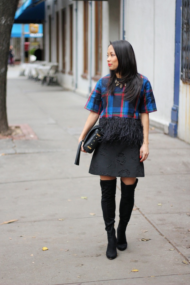 zappos, zappos present palooza, ivanka trump sarena boots, over the knee boots, plaid and feather top