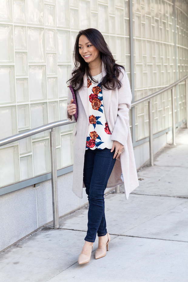 anthropologie, anthropologie floral blouse, botanica floral blouse, long neutral coat, vince d'orsay heels