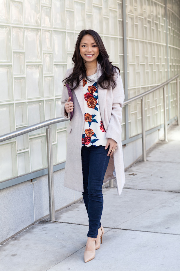 anthropologie, anthropologie floral blouse, botanica floral blouse, long neutral coat, vince d'orsay heels